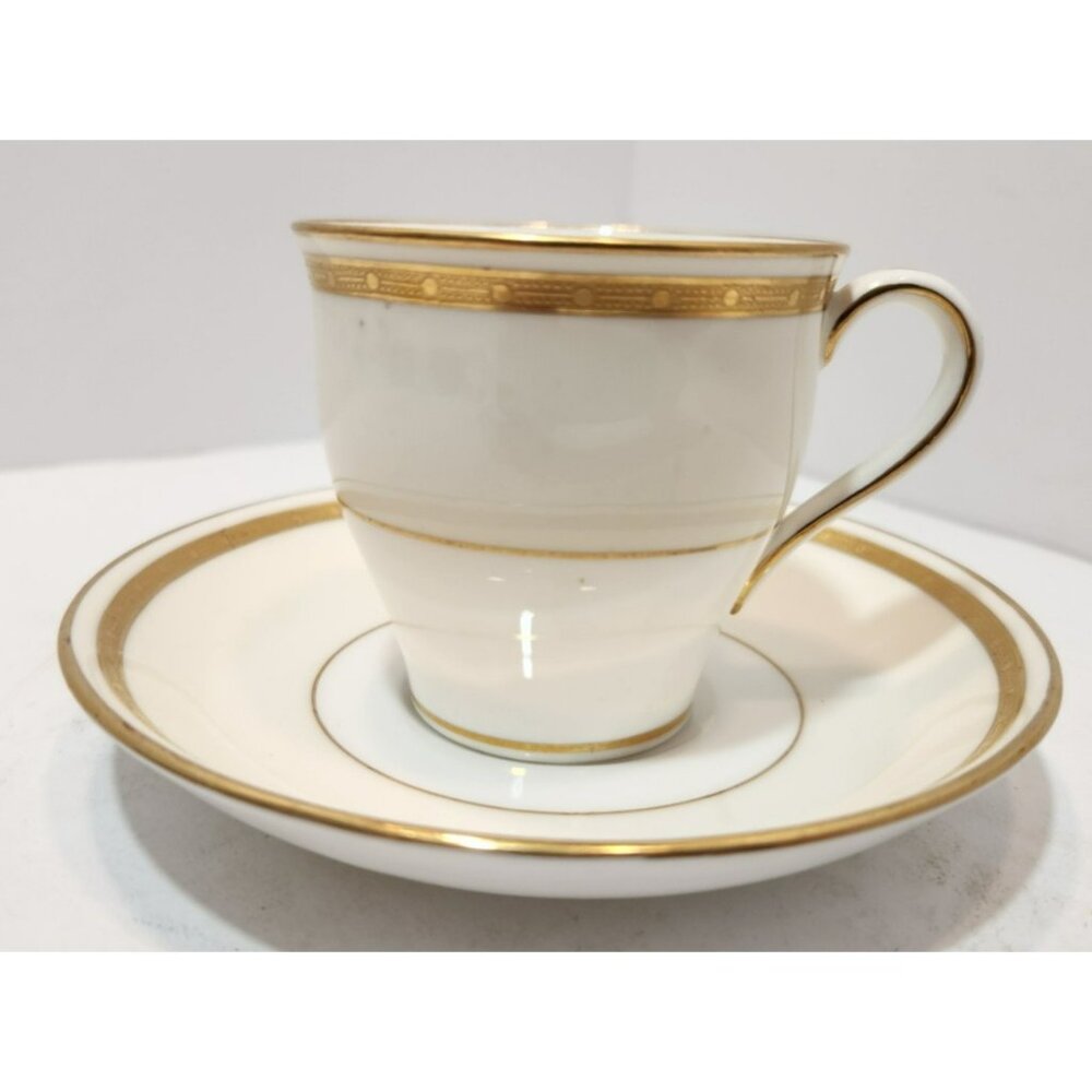 Vtg Mintons England H3251 Demitasse Teacup Saucer Gold Encrusted Band Cream Rim